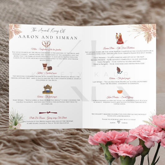 Anand Karaj Order of Service - Printed , A5 Booklet, Personalised, Guest Information SIkh Wedding Explanation