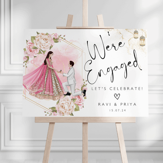 Enchanting Engagement: Indian Welcome Sign with Illustrated Elegance