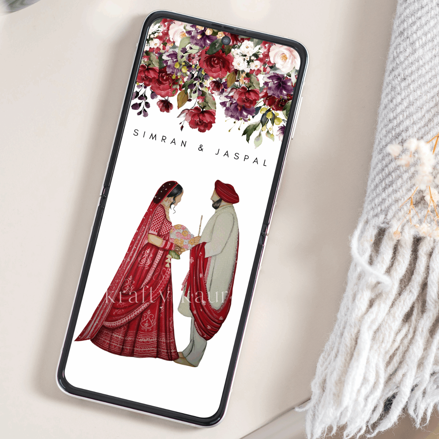 Sikh Mobile Phone Wedding Invitation with a beautiful illustraion of a couple in a bridal lengha and sherwani Sikh Mobile Phone Wedding Invitation with a beautiful illustraion of a couple in a bridal lengha and sherwani