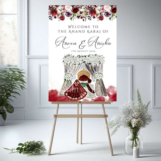 Anand Karaj Welcome Sign | with Sikh Bride Groom  Illustration | Modern | Contemporary | Indian Wedding Signs | Digital