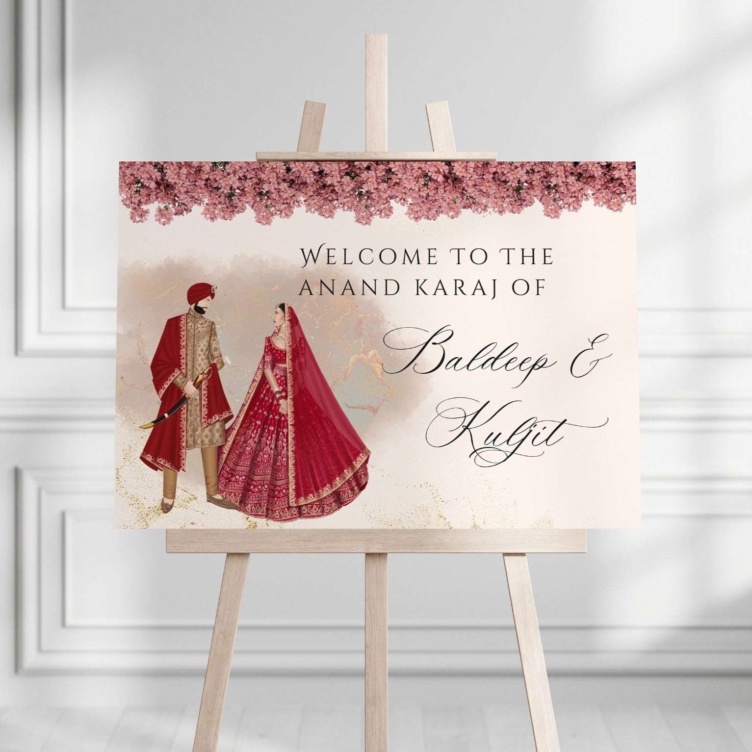 Indian Wedding Welcome Sign | with Sikh Bride Groom  Illustration | Modern | Contemporary | Indian Wedding Signs | Digital