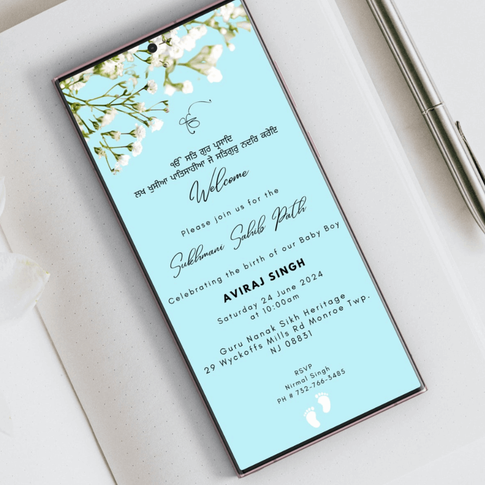 Sikh Sukhmani Sahib Part Invitation Invite Modern - Floral - Digital File Can sent via WhatsApp Birth Baby Boy