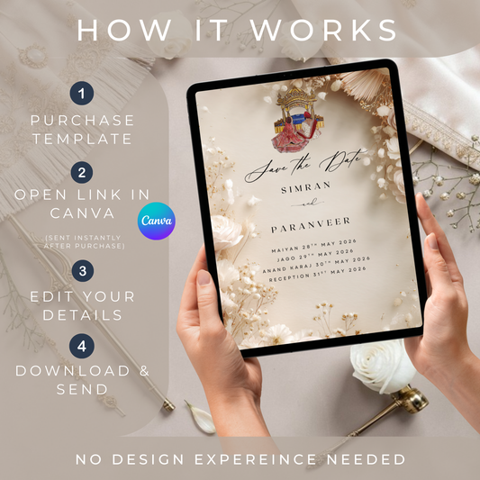 Sikh Wedding Save the Date Template Canva | Editable Punjabi Wedding Invite | Floral Beige Digital Invitation