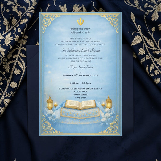 Sri Sukhmani Sahib Path Invitation | Sikh Birthday Gurdwara Invite | Blue & Gold Khanda Digital WhatsApp Invitation