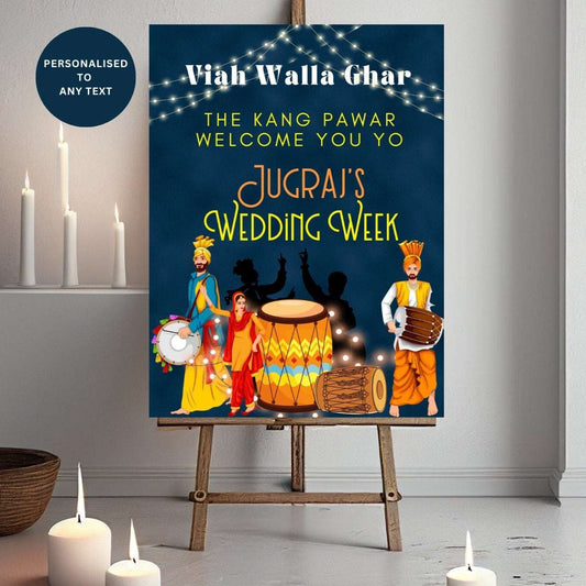 Vibrant Punjabi Welcome Sign: Celebrate with Colourful Bhangra Dancers and Dhol Players, Jago or Wedding Week Sign