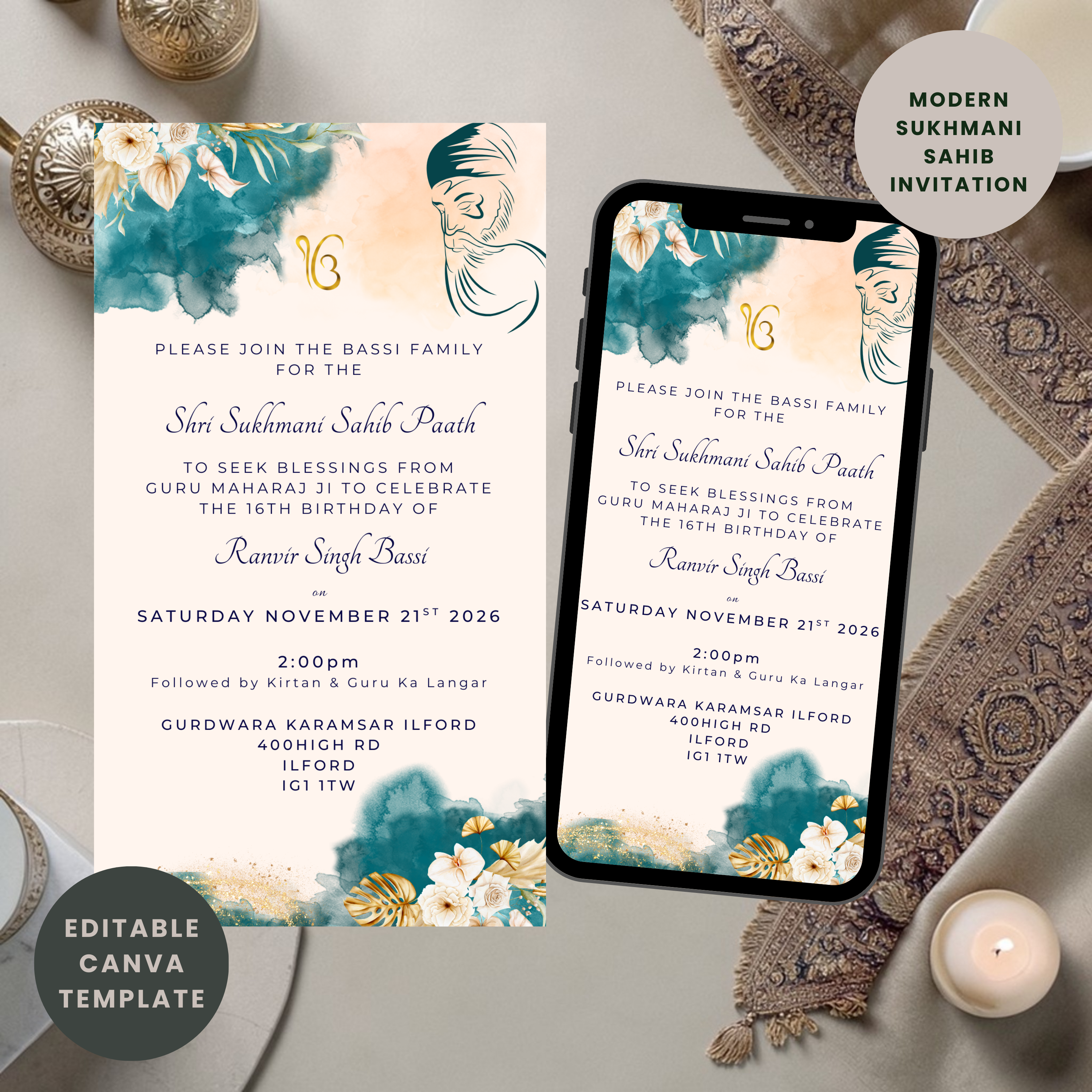 Sikh Sukhmani Sahib invitation template on whatsapp and printed