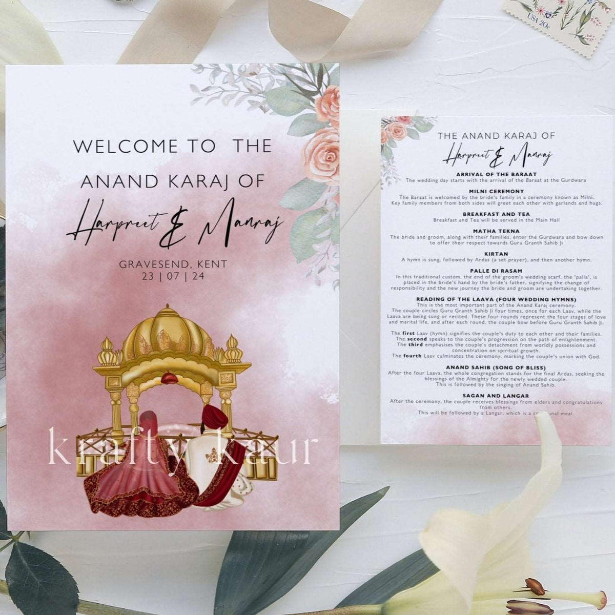 Anand Karaj Program & Sikh Ceremony guide, Sikh Wedding program as Sikh wedding guide Punjabi, Printed A5 Double Sided, Personalised