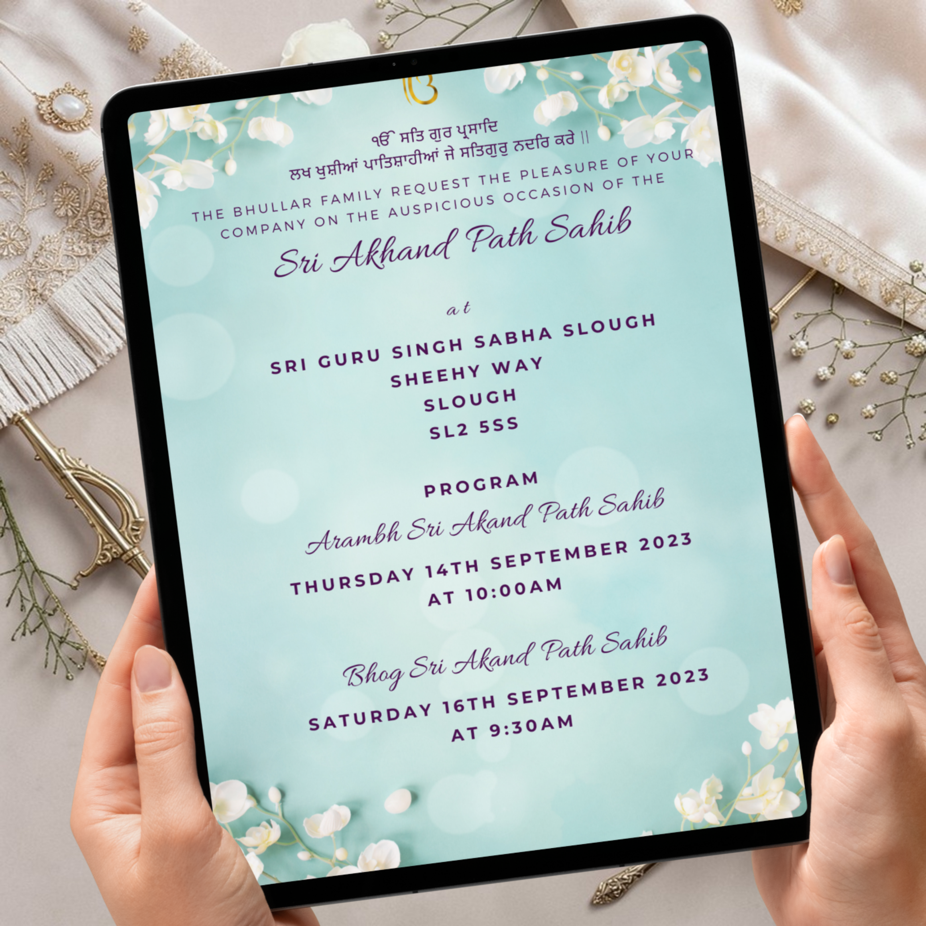 Akhand Path Sahib digital invitation blue floral Sikh Punjabi invite template