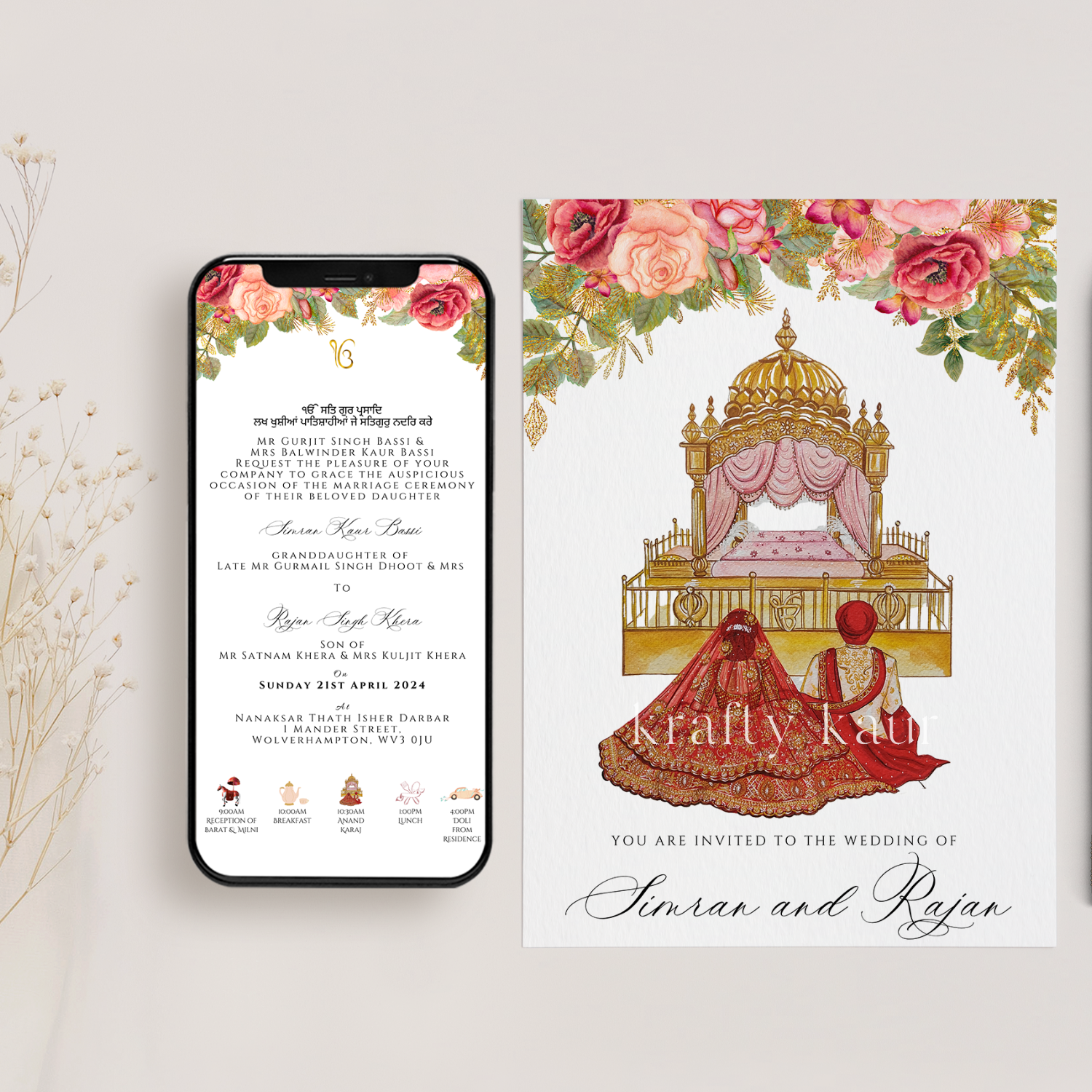 Anand Karaj Digital Wedding Invitation with a Palki Sahib Illustration
