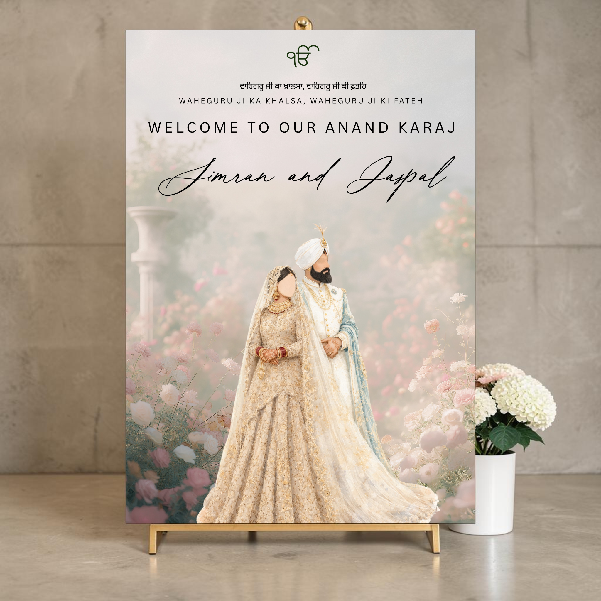Personalised Anand Karaj welcome sign printed on 3mm foamex. Illustrated Sikh bride and groom in cream and gold lehenga and blue sherwani, surrounded by soft pink roses. Ik Onkar symbol and Waheguru Ji Ka Khalsa greeting. Custom couple names. A1 or A2. By Krafty Kaur.