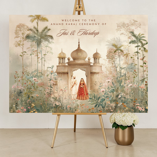Luxury Anand Karaj wedding welcome sign with floral botanical design and Sikh temple illustration for Indian wedding entrance