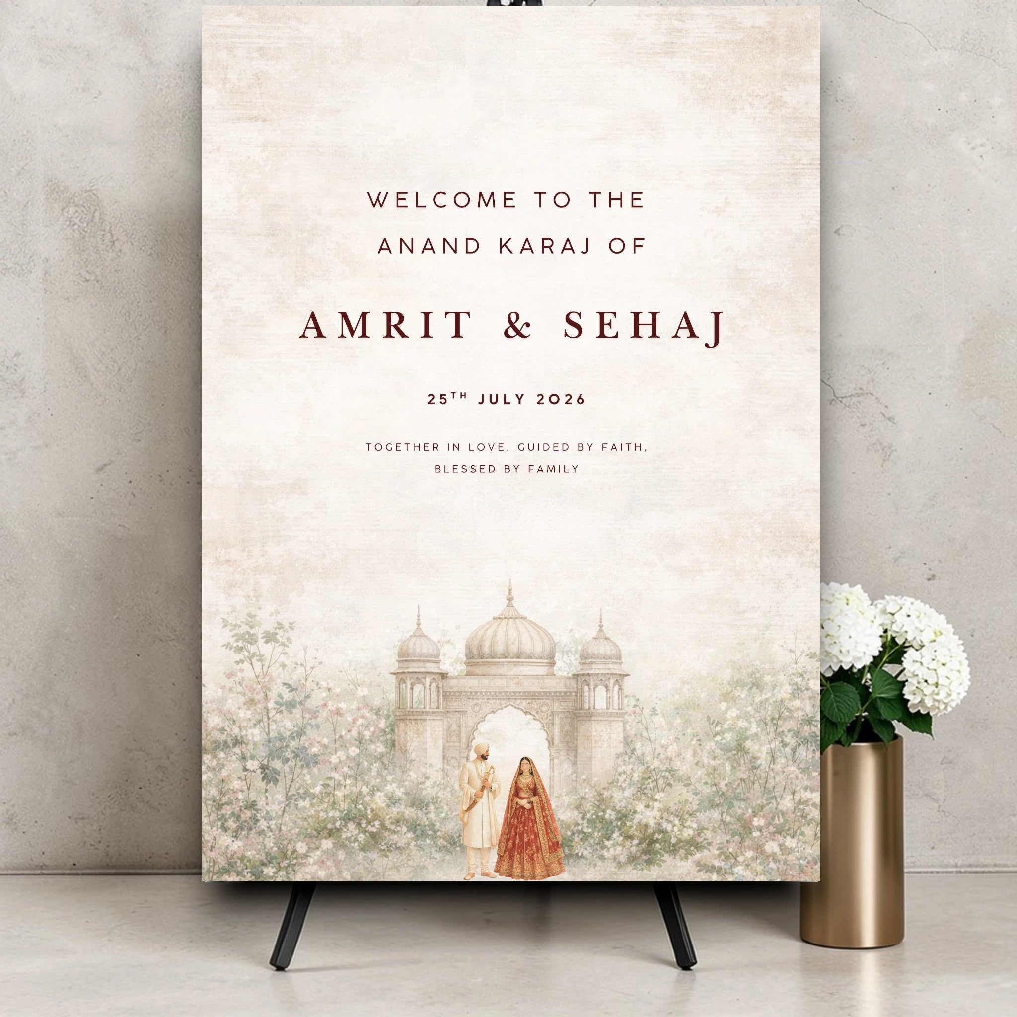 Anand Karaj welcome sign printed foamex board A1 Sikh wedding welcome sign Indian Punjabi wedding decor neutral watercolour design