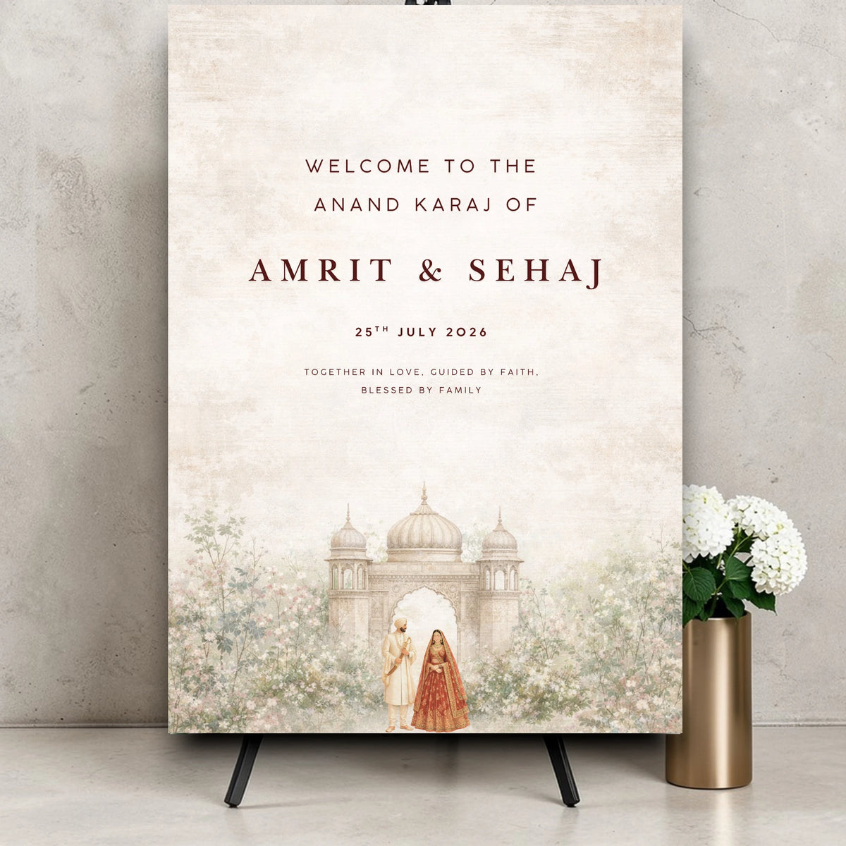 Anand Karaj welcome sign printed foamex board A1 Sikh wedding welcome sign Indian Punjabi wedding decor neutral watercolour design