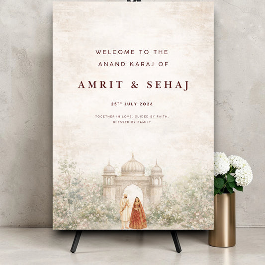 Anand Karaj welcome sign printed foamex board A1 Sikh wedding welcome sign Indian Punjabi wedding decor neutral watercolour design