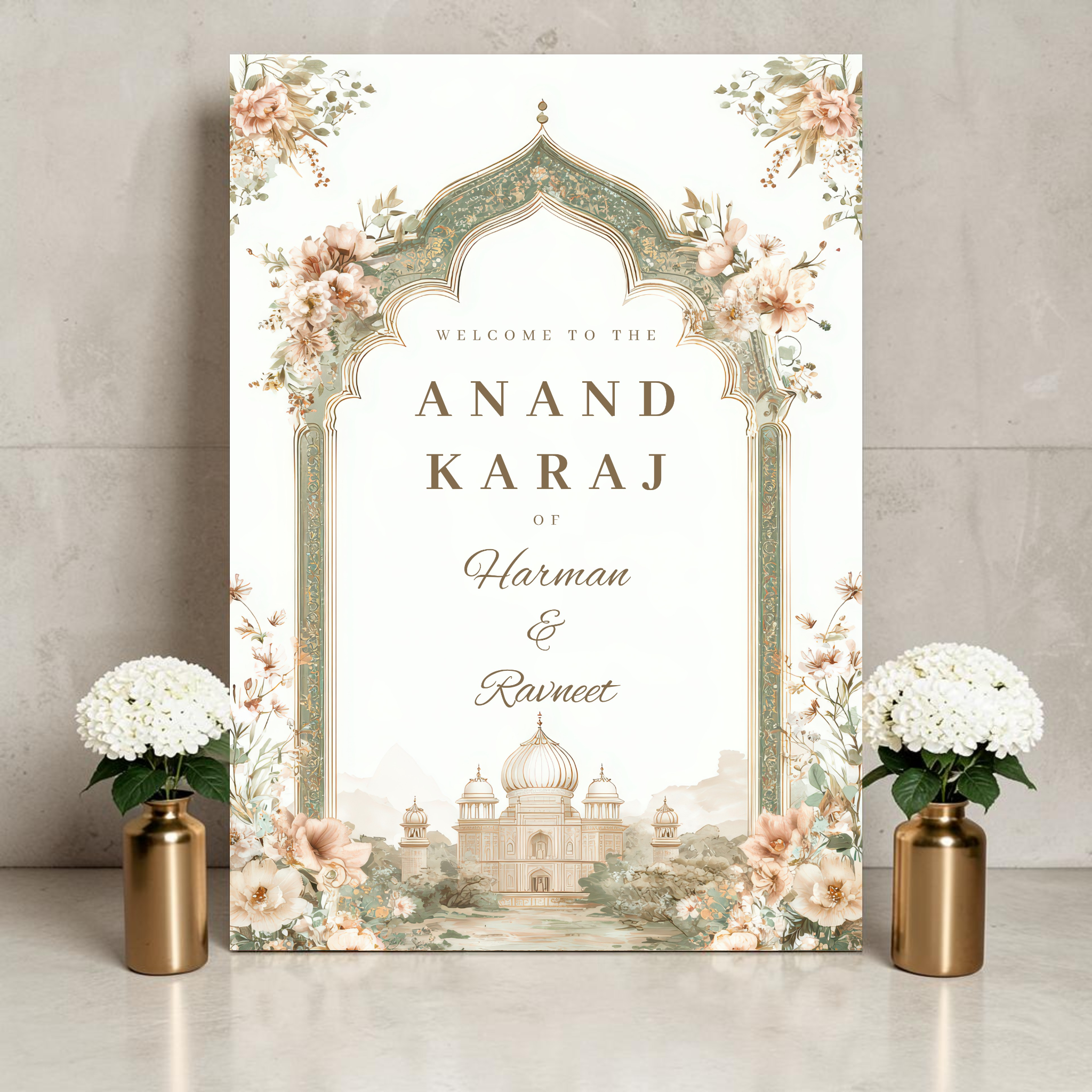 Personalised Anand Karaj welcome sign printed on 3mm foamex. Ornate Mughal arch design with gold and sage green detailing, Gurdwara illustration, blush and nude florals, and custom couple names in script. A1 or A2. By Krafty Kaur.