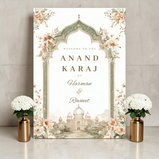 Personalised Anand Karaj welcome sign printed on 3mm foamex. Ornate Mughal arch design with gold and sage green detailing, Gurdwara illustration, blush and nude florals, and custom couple names in script. A1 or A2. By Krafty Kaur.