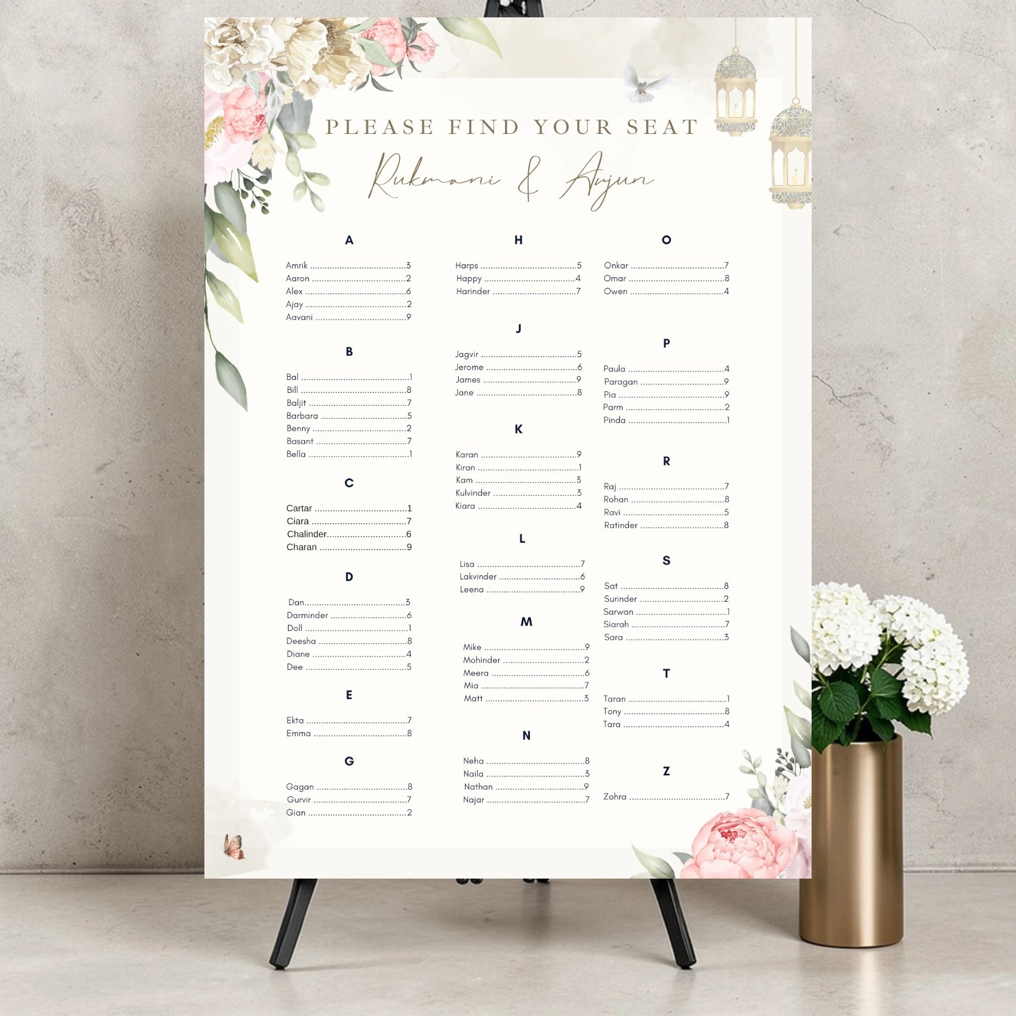 alphabetical Indian wedding seating plan board floral lantern design personalised Asian wedding seating chart