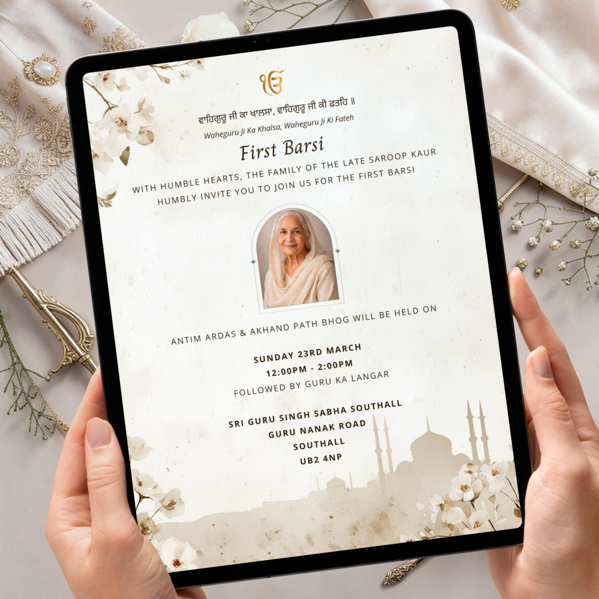 First Barsi ivory invitation template is crafted for the Sikh community, honouring loved ones with the reverence they deserve.