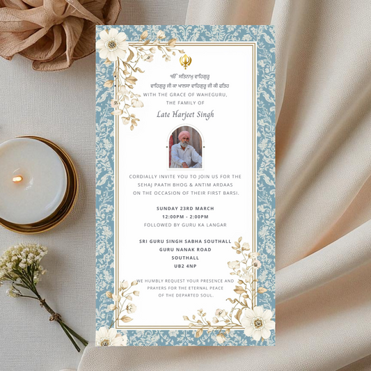Barsi in Memory invitation card with floral design on a light fabric background