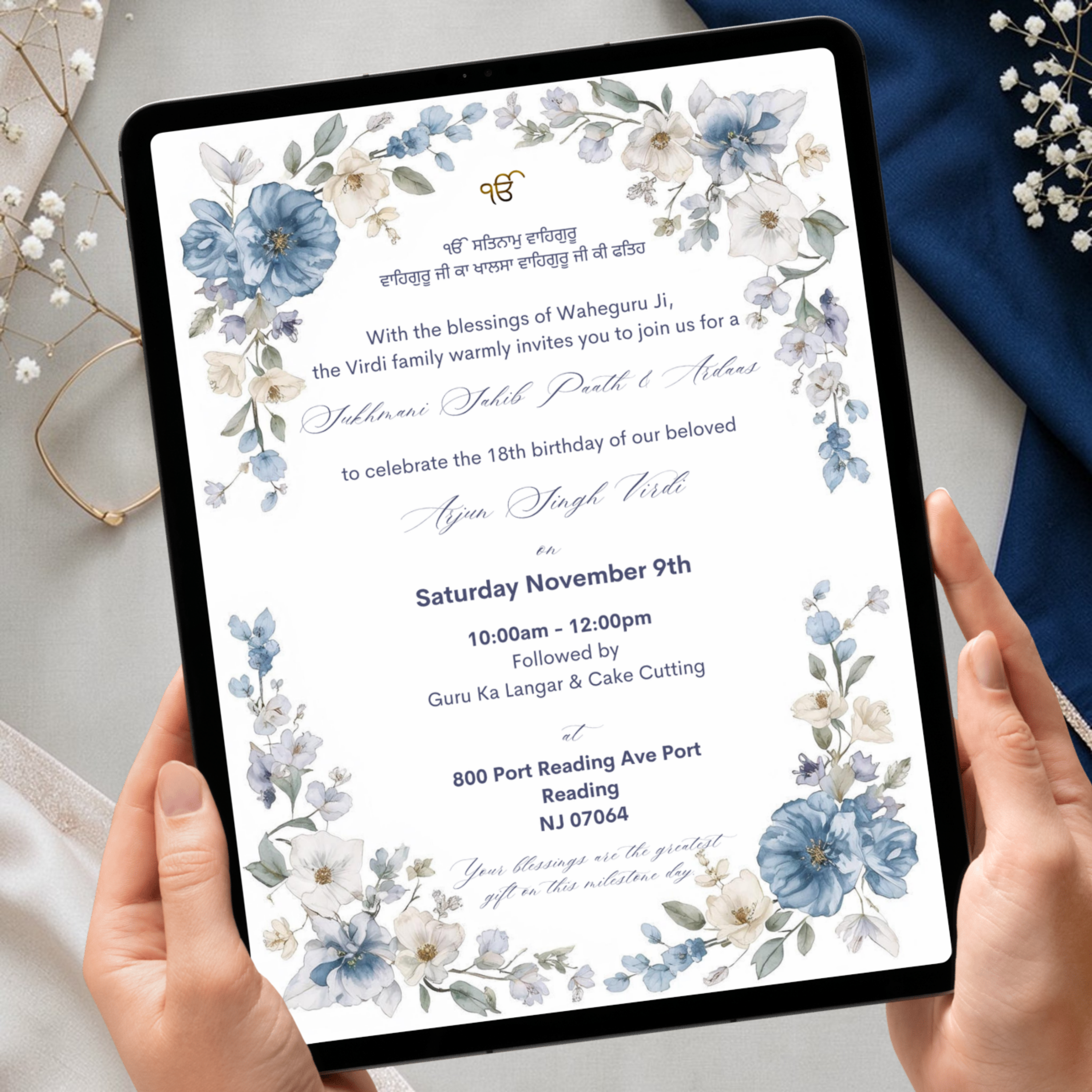 Editable Sikh birthday paath invitation template with blue floral border and Ek Onkar symbol designed for Sukhmani Sahib Paath celebrations
