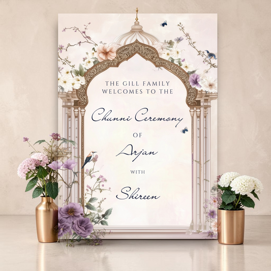Personalised Chunni ceremony welcome sign printed on 3mm foamex. Soft blush background with ornate gold Mughal arch, purple and white florals, butterflies and birds on branches. Custom family name, bride and groom names in elegant script. A1 or A2. By Krafty Kaur.