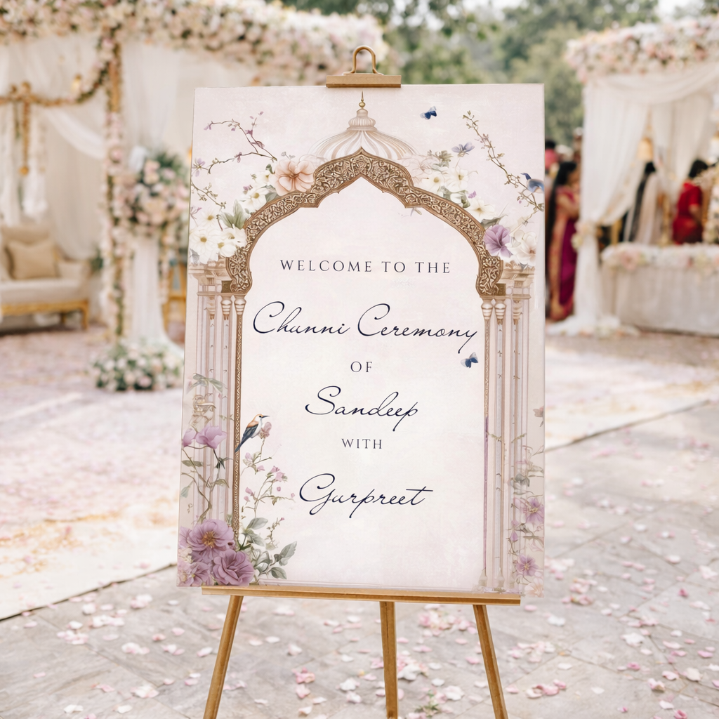 Custom Chunni ceremony welcome sign between on an easel. Blush Mughal arch design with birds and butterflies, personalised family and couple names. Printed foamex A1 or A2. Krafty Kaur.