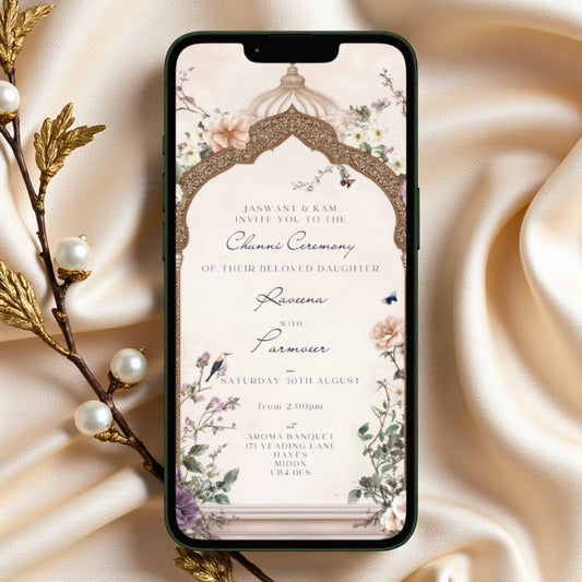 Phone Mobile Sikh Chunni ceremony invitation template editable in Canva, floral arch Punjabi engagement invite