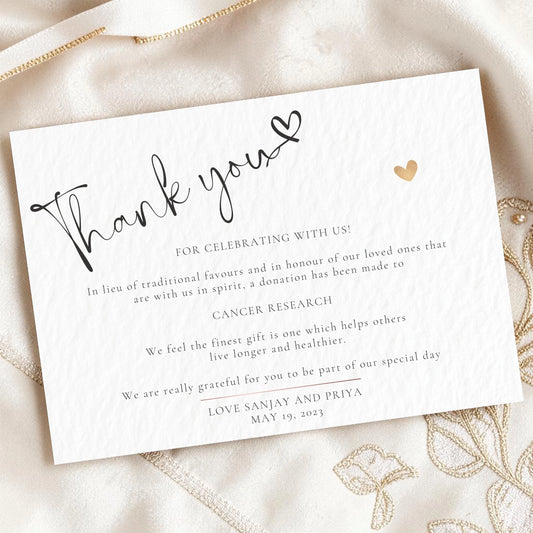 Personalised In Lieu of Favours Thank You Card | Wedding Charity Donation | Custom Names, Date & Charity | Hammered Textured Card