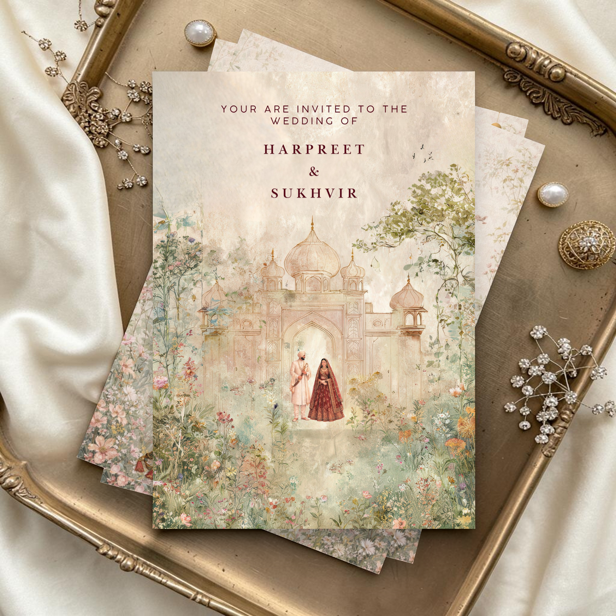 Stack of Punjabi Sikh digital wedding invitation cover pages fanned on a gold ornate tray with cream silk fabric, crystal hair pins, pearl brooch and gold jewellery, showing the full watercolour Mughal palace illustration with Sikh bride in crimson lehenga and groom in ivory sherwani surrounded by wildflowers, personalised with names Harpreet and Sukhvir by Krafty Kaur