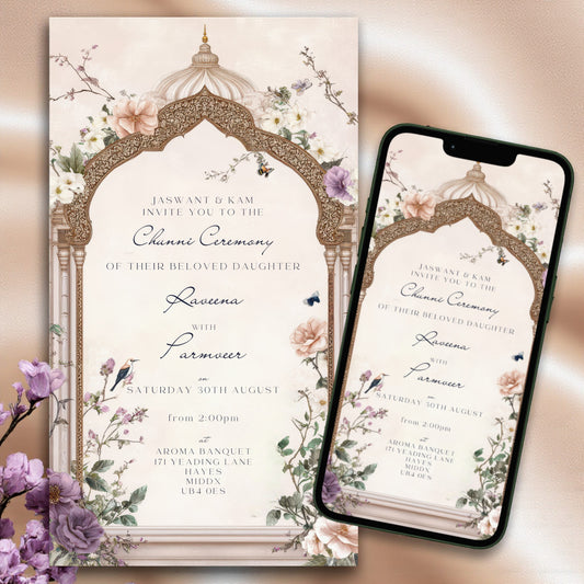 Sikh Chunni ceremony invitation template editable in Canva, floral arch Punjabi engagement invite