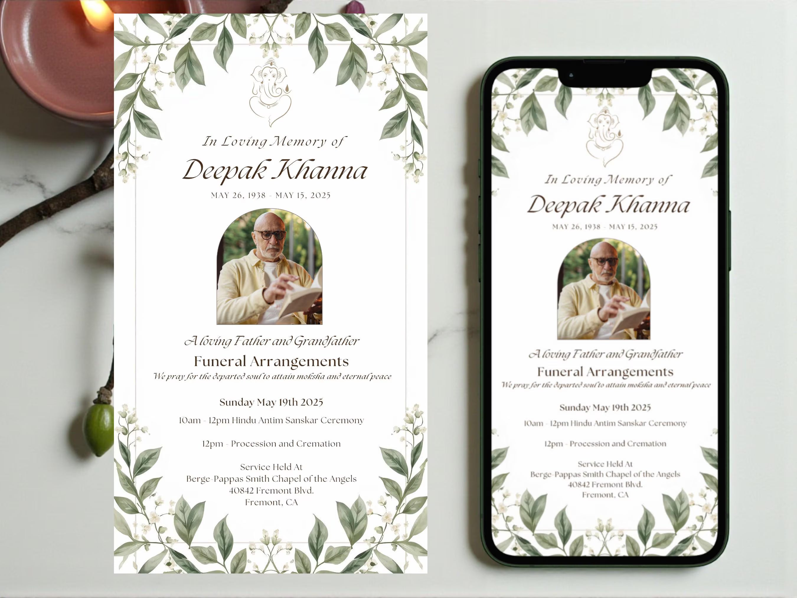 Digital Hindu Funeral program with floral design on a phone screen, placed on a marble surface. Whatsapp