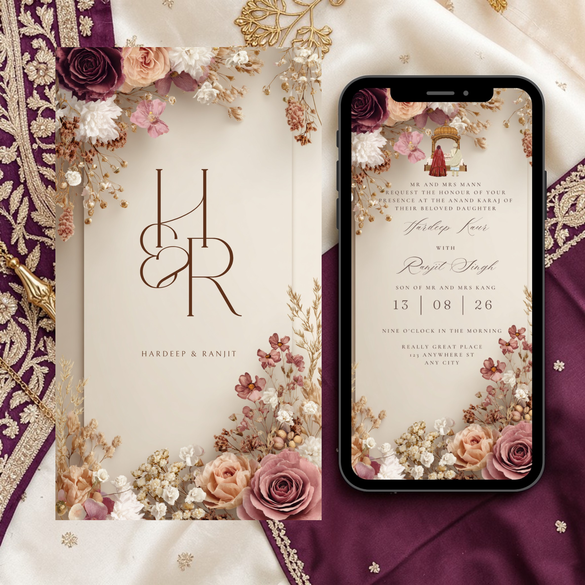 Sikh wedding invitation template bundle in burgundy and blush floral design, editable Canva invites for Anand Karaj, Jaggo and reception