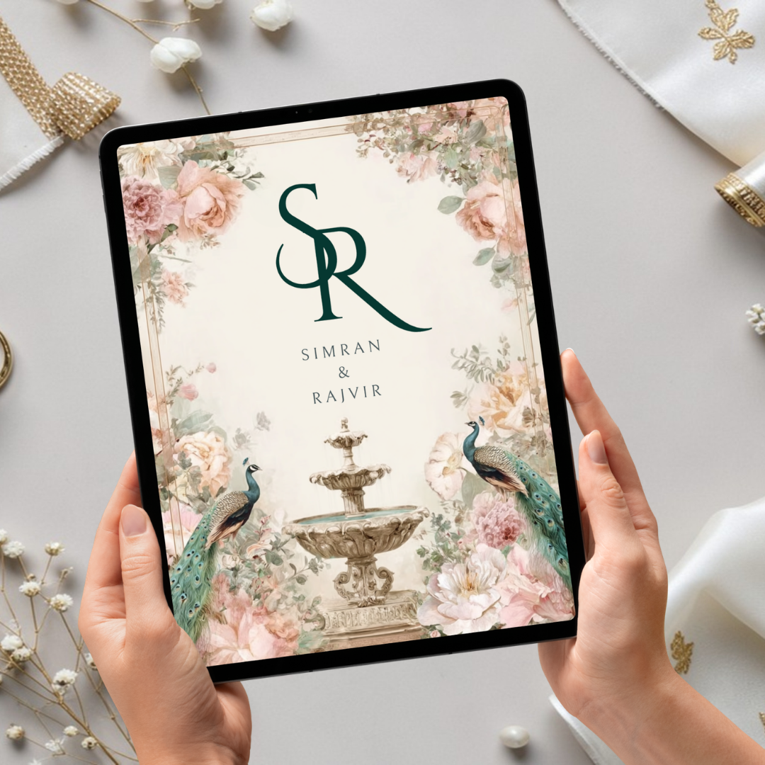 Peacock Sikh wedding invitation cover card displayed on a tablet, showing how the digital invite looks when shared via WhatsApp