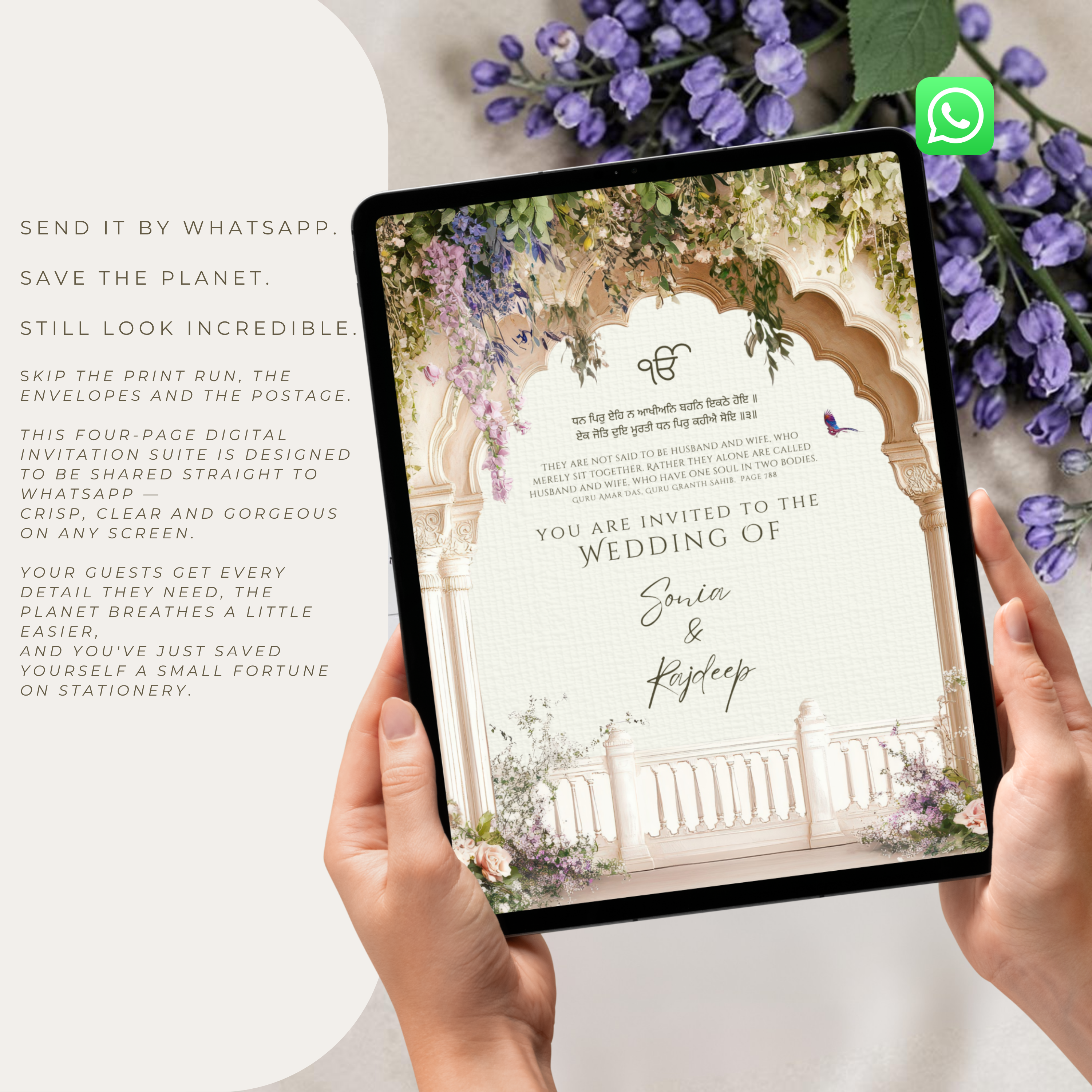 Close up of Sikh Anand Karaj digital wedding invitation cover page on a brass tray with wisteria botanical arch and Ik Onkar, showing Gurmukhi shabad and invitation wording for Sonia and Rajdeep by Krafty Kaur