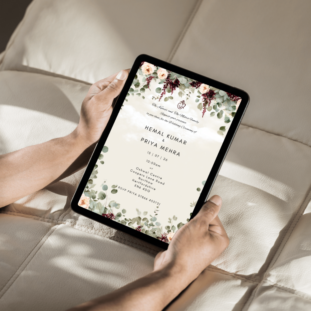 Hindu wedding invitation template with floral design, editable Canva digital invite for wedding ceremony and reception