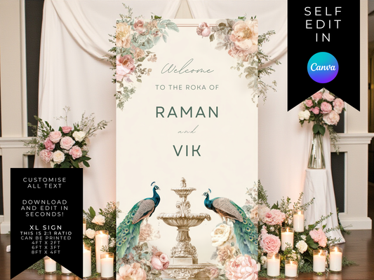 XL Peacock Floral Welcome Sign Template | Elegant Indian Wedding Sign
