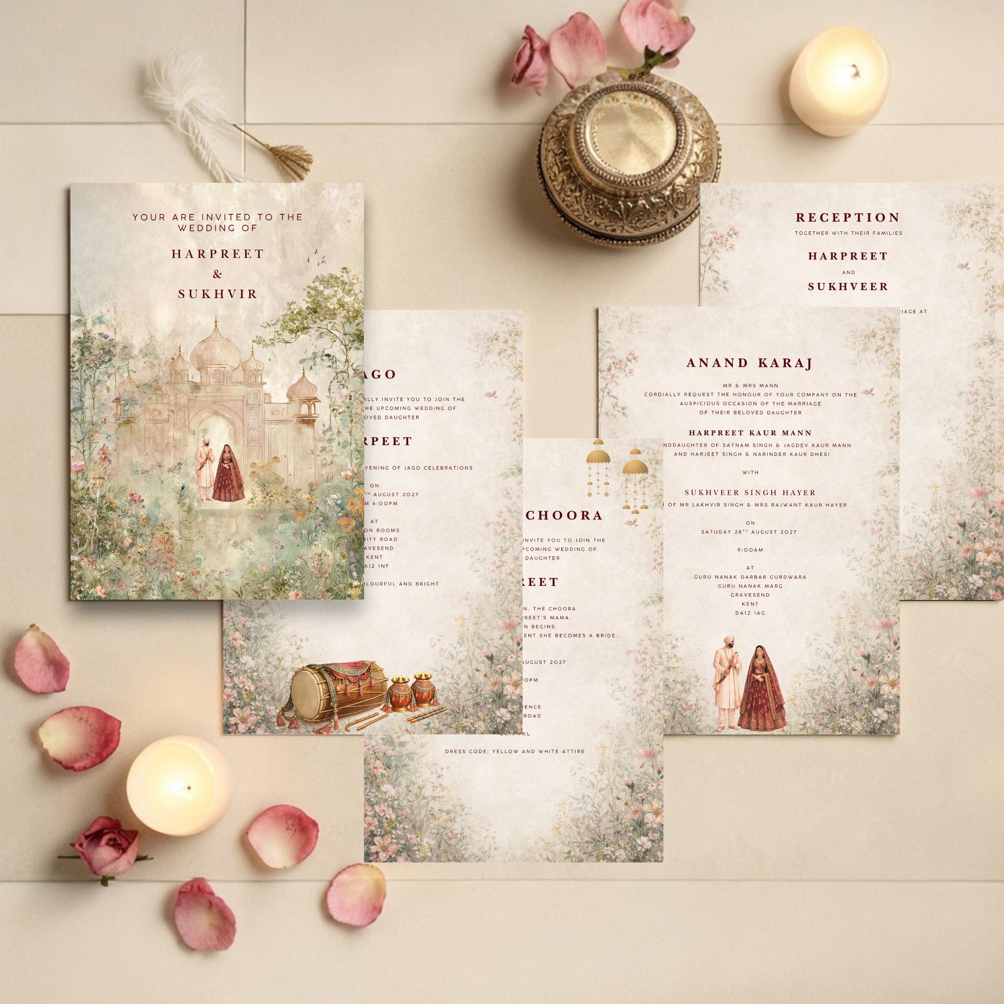 Five-page Punjabi Sikh digital wedding invitation suite fanned out on a parchment surface with rose petals, candle and gold trinket box, showing cover page with watercolour Mughal palace, Jago insert with dhol, Maiyan and Choora insert with gold kalire, Anand Karaj insert with standing Sikh couple illustration and reception insert by Krafty Kaur