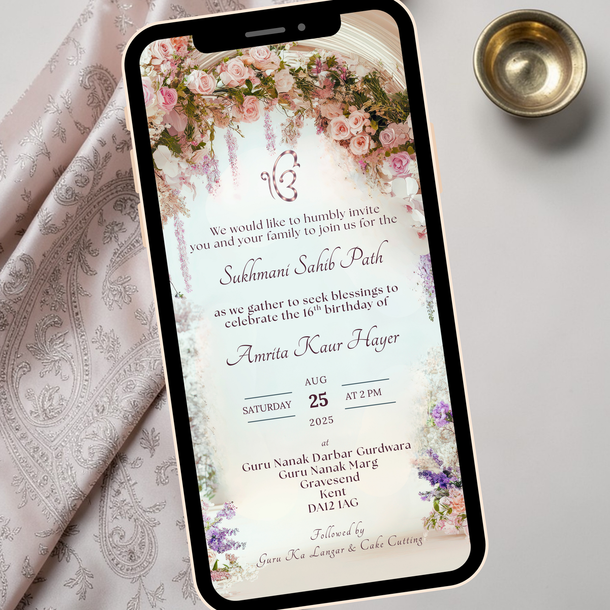 Sukhmani Sahib invitation template floral editable in Canva digital Sikh paath invite