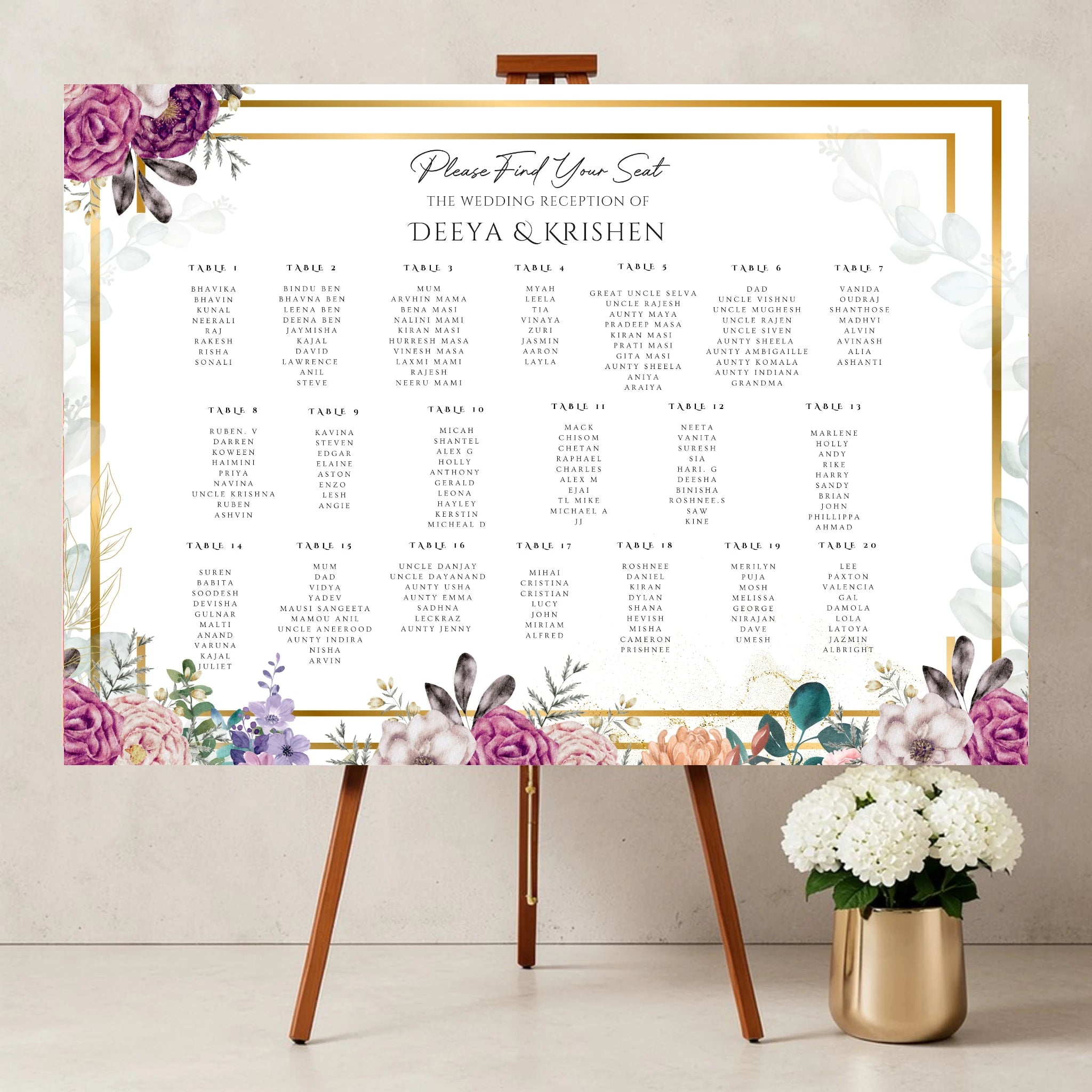 luxury Indian wedding seating plan board with floral gold frame personalised Asian wedding reception table plan