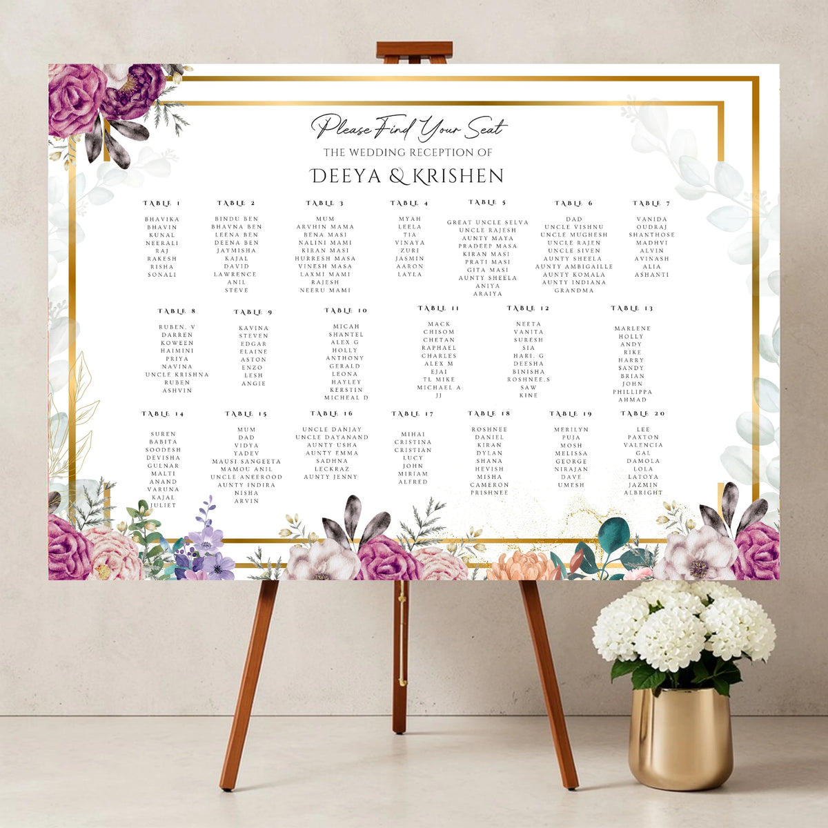 luxury Indian wedding seating plan board with floral gold frame personalised Asian wedding reception table plan