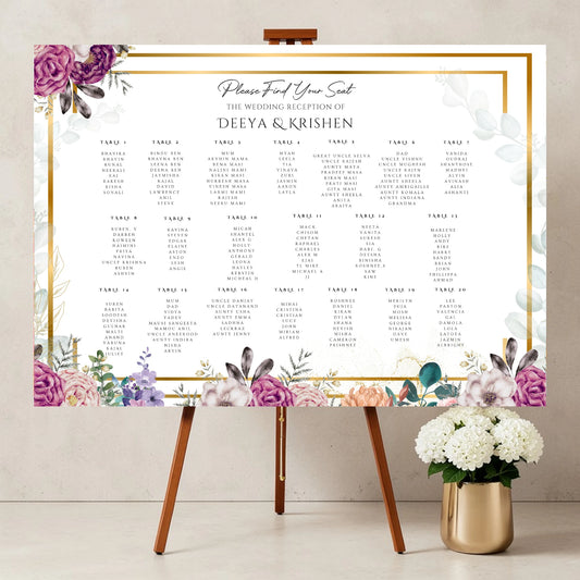 luxury Indian wedding seating plan board with floral gold frame personalised Asian wedding reception table plan