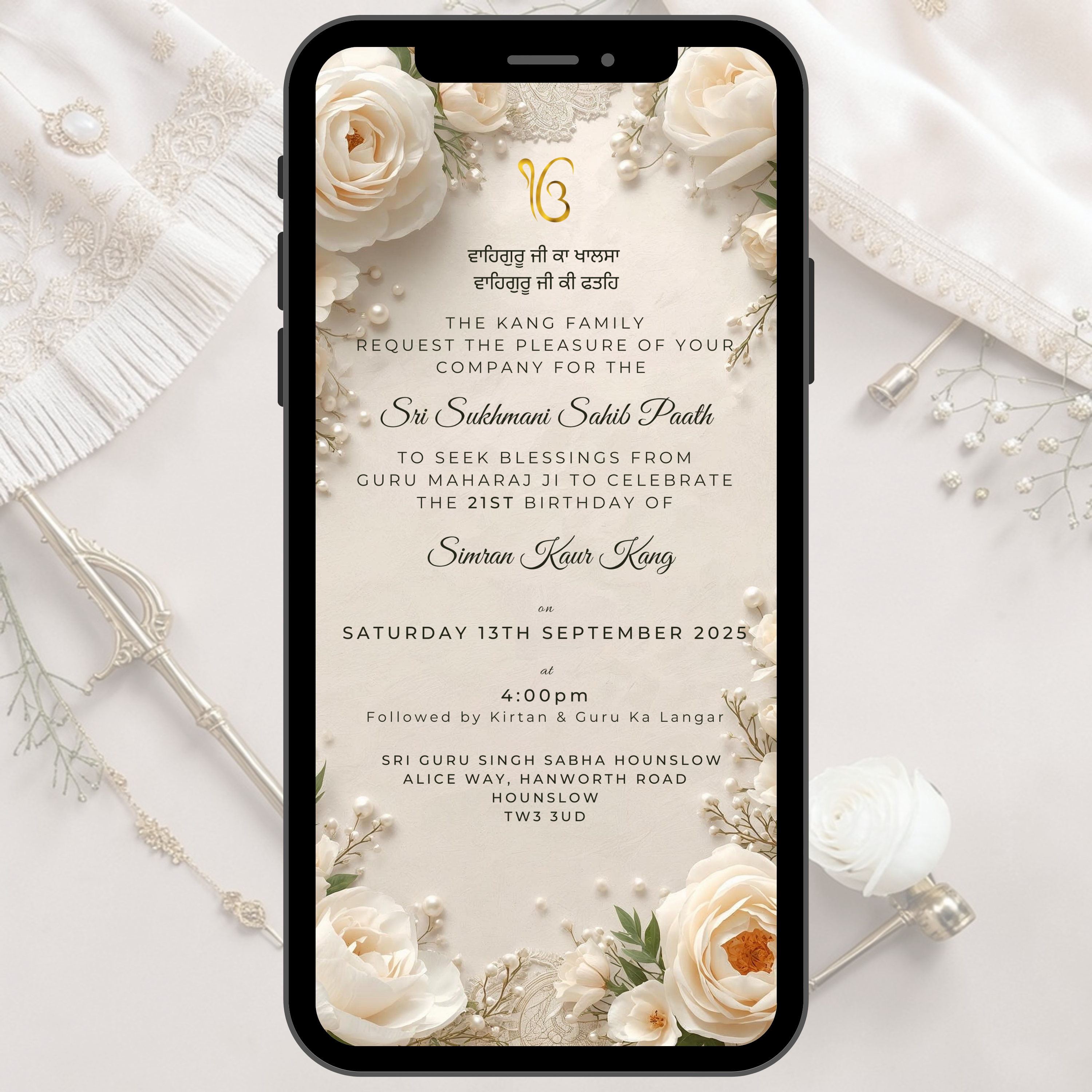 Floral Pearl and Lace Sukhmani Sahib Invite. Modern and Minimal WhatsApp Digital Invitation. 
