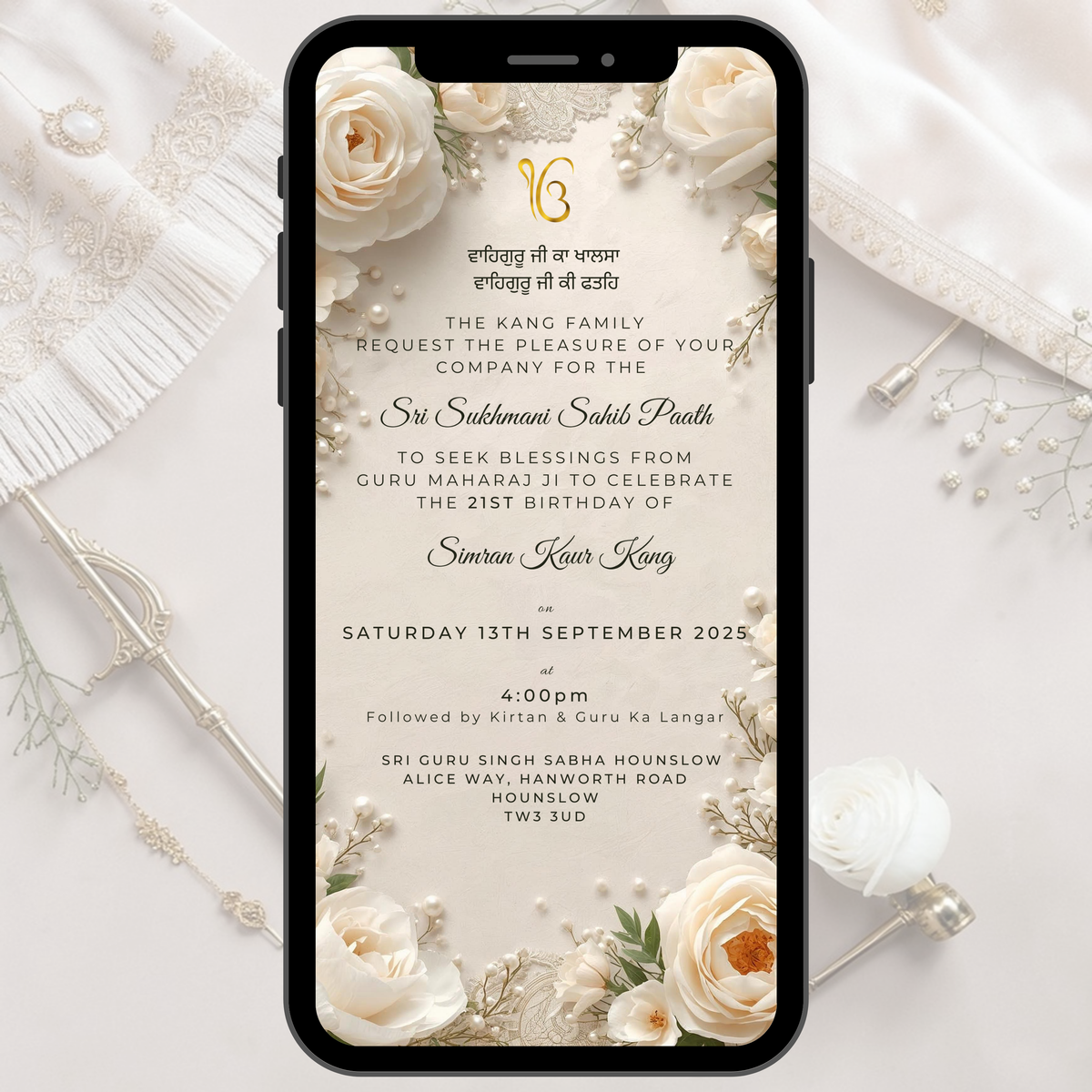 Floral Pearl and Lace Sukhmani Sahib Invite. Modern and Minimal WhatsApp Digital Invitation. 