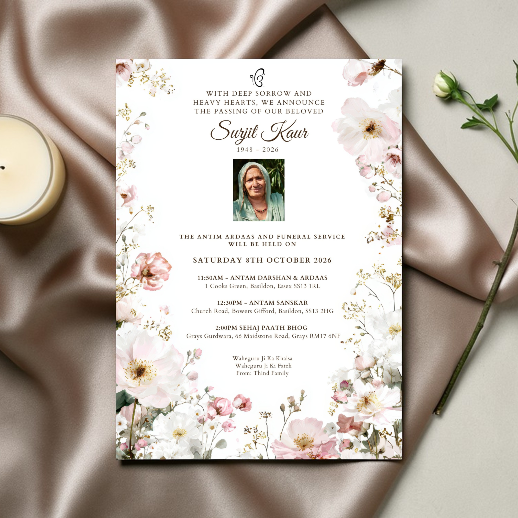 Funeral service invitation card with floral design. 