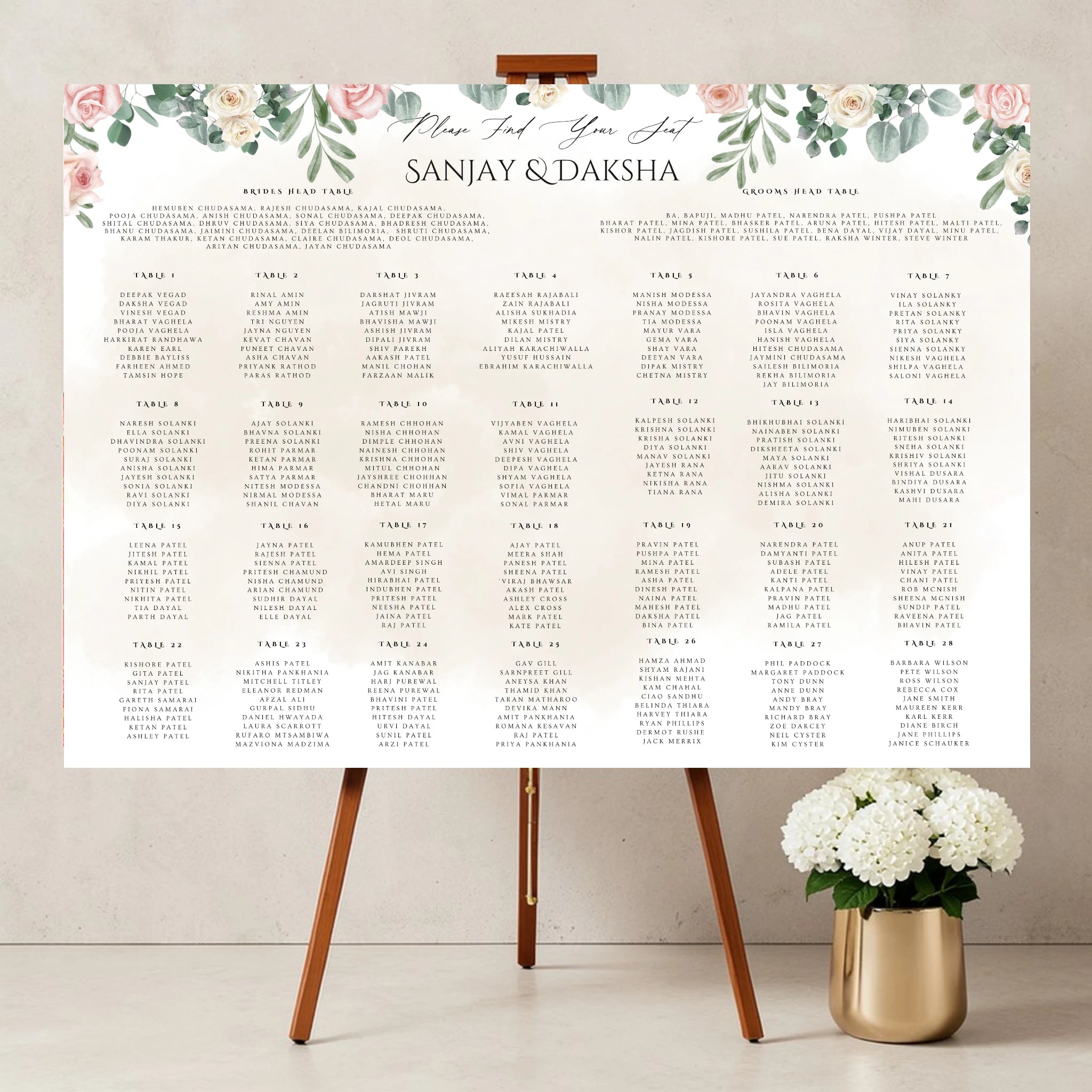 Floral wedding seating plan sign personalised Indian wedding reception board