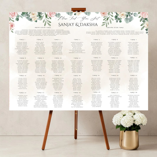 Floral wedding seating plan sign personalised Indian wedding reception board