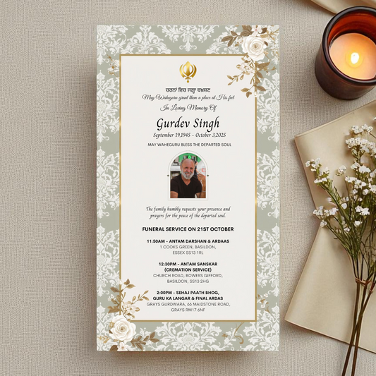Funeral service通知单 with floral design, candle, and flowers on a beige background