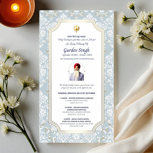 Sikh Digital Funeral Invitation, Elegant Baby Blue Damask Design
