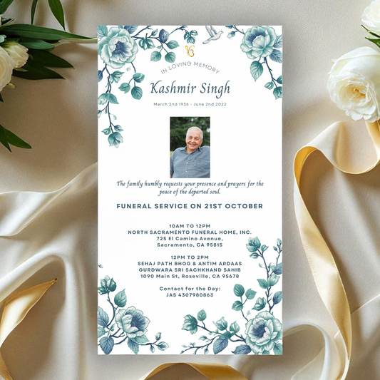 Sikh Funeral service invitation card with floral design on a fabric background with flowers.