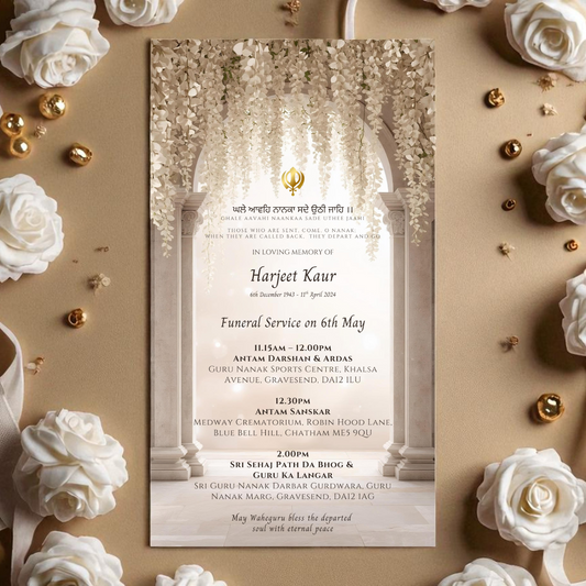 Funeral service invitation card surrounded by white flowers and decorative elements on a beige background
